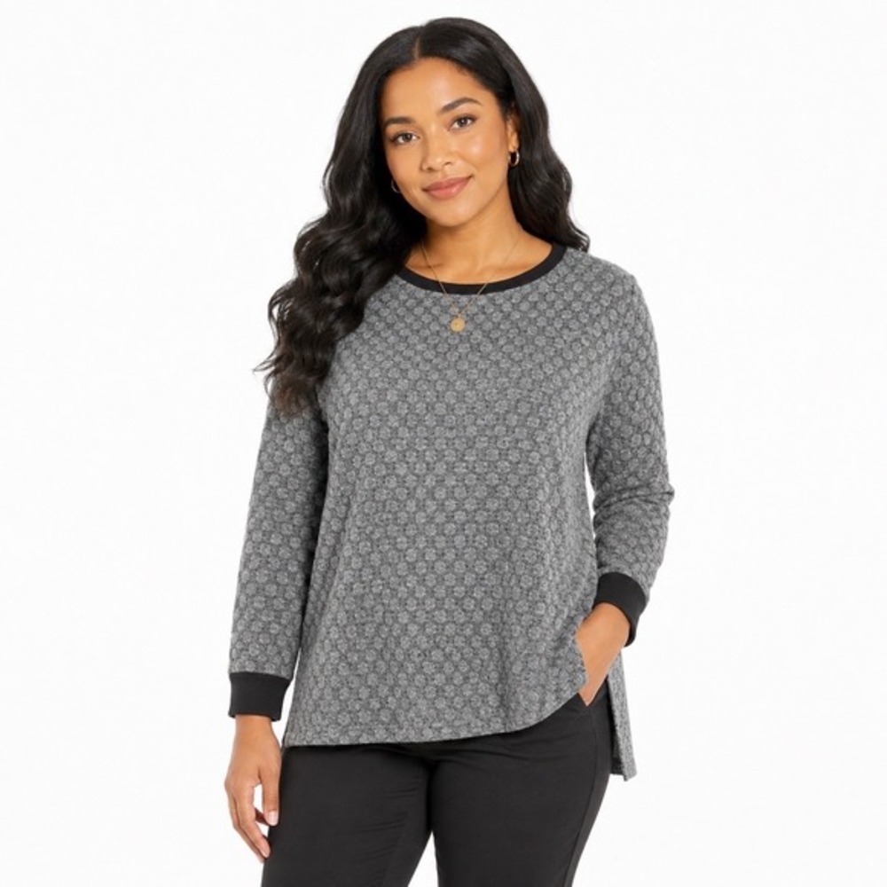 Loft Grey Quilted Knit Sweatshirt 3/4‎ Sleeve High-Low Hem Top M Lagenlook 73-68